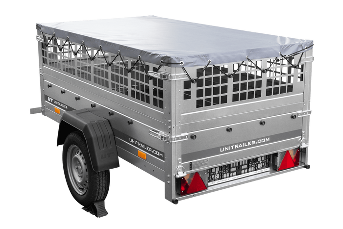 RIMORCHIO DA GIARDINO 200 KIPP CON RUOTA DI SOSTEGNO, FIANCHI IN RETE, TELAIO H-0 E COPERTURA GRIGIA