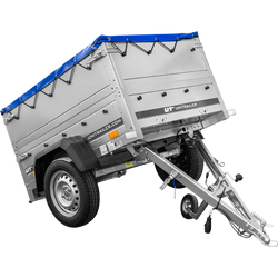Rimorchio carrello leggero senza freni trasporto cose 750 kg Unitrailer Garden Trailer 150 kipp (new) con ruotino sovrasponde e telo blu