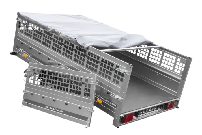 Rimorchio leggero su molle 264x150 UNITRAILER GARDEN 265/R KIPP con sponde in rete, telaio H-0 e copertura grigia