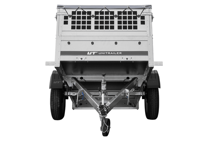 RIMORCHIO DA GIARDINO 200 KIPP CON RUOTA DI SOSTEGNO, FIANCHI IN RETE E TELO PIATTO GRIGIO