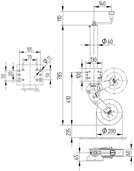 Ruota di rinvio automatica KNOTT ATK60 con maniglia 250 kg 60 mm 785-1020 mm