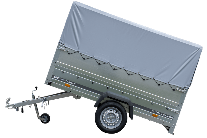 Rimorchio per auto 230x125 UNITRAILER GARDEN 230 KIPP con sponde BIS, telaio H-800 e copertura grigia