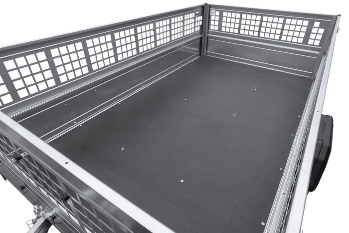 Rimorchio leggero su molle 264x150 UNITRAILER GARDEN 265/R KIPP con sponde in rete, telaio H-0 e copertura grigia