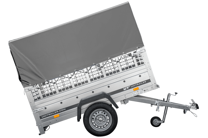 Rimorchio per auto 200x106 UNITRAILER GARDEN 200 KIPP con sponde in rete, telaio H-800 e copertura grigia