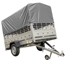 Ribaltabile 1 asse 230 x 125 Garden Trailer 230 KIPP con sovrasponde in rete e centina H-800 con telo grigio