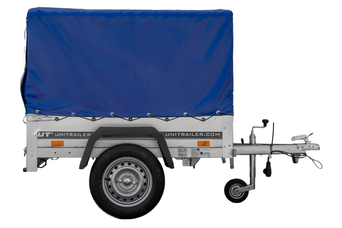 Rimorchio leggero 150x106 con telone blu e centina PTT 750 kg Garden Trailer 150 kipp