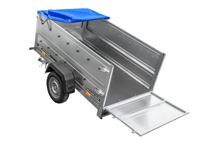 Nuovo rimorchio per auto GARDEN TRAILER 200 KIPP con ruotino d'appoggio, sovrasponde e telo piatto blu