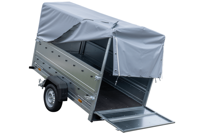 Rimorchio per auto 230x125 UNITRAILER GARDEN 230 KIPP con sponde BIS, telaio H-800 e copertura grigia
