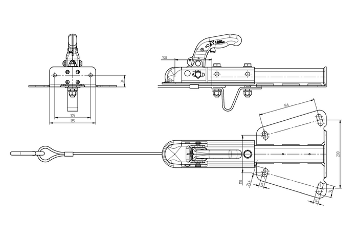 Gancio di traino KNOTT K7.5-H+KZE7.5 con supporto e cavo per rimorchio da 750 kg con timone a V.