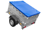 Rimorchio carrello leggero senza freni trasporto cose 750 kg Unitrailer Garden Trailer 150 kipp (new) con ruotino sovrasponde e telo blu