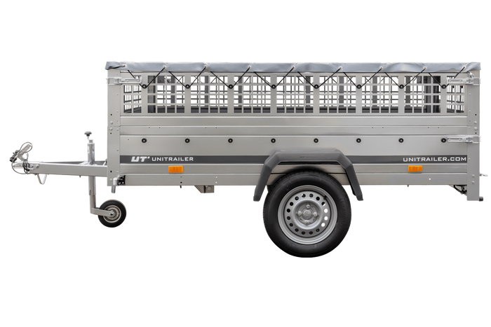 Rimorchio monoasse 230x125 UNITRAILER GARDEN 230 KIPP con sponde in rete, telaio H-0 e copertura grigia