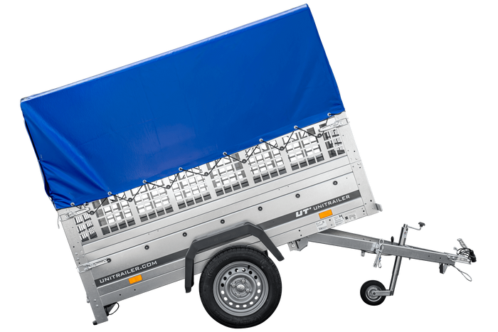 Rimorchio leggero 200x106 UNITRAILER GARDEN 200 KIPP con sponde in rete, telaio H-800 e telo di copertura blu