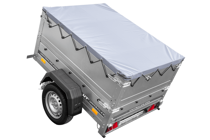 Rimorchio da giardino Unitrailer Garden Trailer 150 KIPP (nuovo) con ruotino sovrasponde e centina H0 con telo grigio