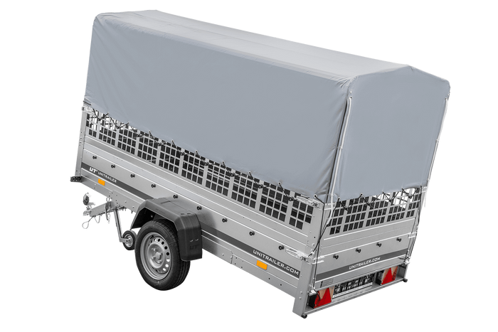 RIMORCHIO TRASPORTO COSE RIMORCHIO LEGGERO 750 KG UNITRAILER GARDEN TRAILER 264 KIPP CON SOVRASPONDE A RETE RUOTINO CENTINA E TELO GRIGIO