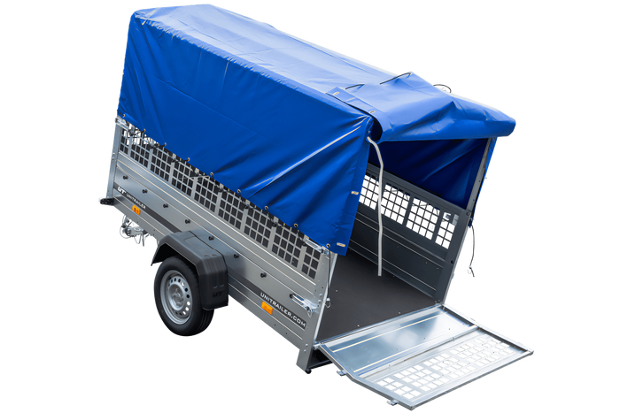 Rimorchio monoasse 230x125 UNITRAILER GARDEN 230 KIPP con sponde in rete, telaio H-800 e telone blu