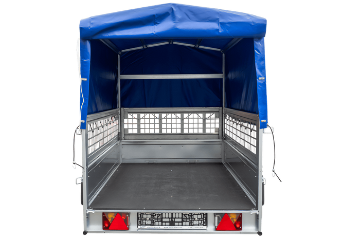 Rimorchio monoasse 230x125 UNITRAILER GARDEN 230 KIPP con sponde in rete, telaio H-800 e telone blu