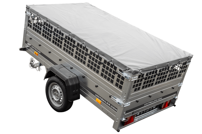 Rimorchio per auto 230x125 UNITRAILER GARDEN 230 KIPP con lati in rete e copertura grigia