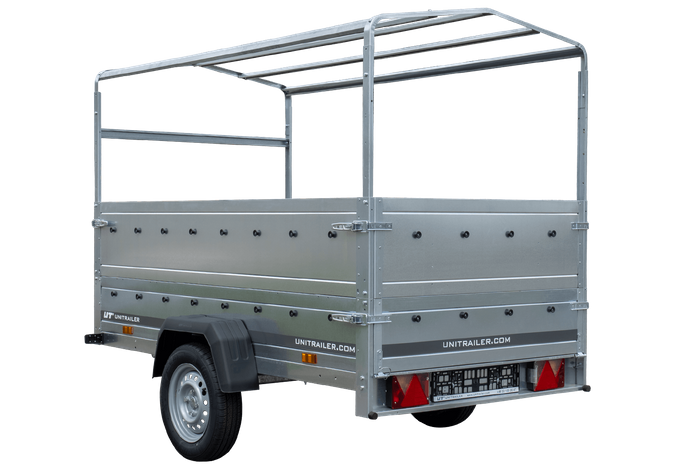 Rimorchio per auto 230x125 UNITRAILER GARDEN 230 KIPP con sponde BIS, telaio H-800 e copertura grigia