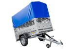 RIMORCHIO CARELLO TRASPORTO COSE RIMORCHIO LEGGERO 750 KG UNITRAILER GARDEN TRAILER 200 KIPP CON SOVRASPONDE A RETE RUOTINO CENTINA E TELO BLU