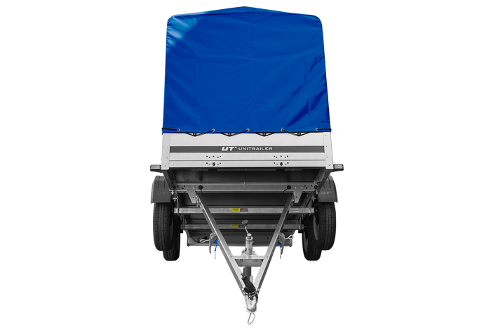 Przyczepka dwuosiowa 264x125 UNITRAILER GARDEN 264/2 KIPP ze stelażem H-1100 i plandeką niebieską