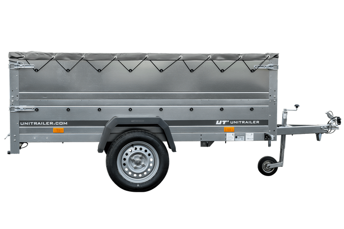 Rimorchio leggero Garden Trailer 230 kipp con ruotino sovrasponde e telone grigio