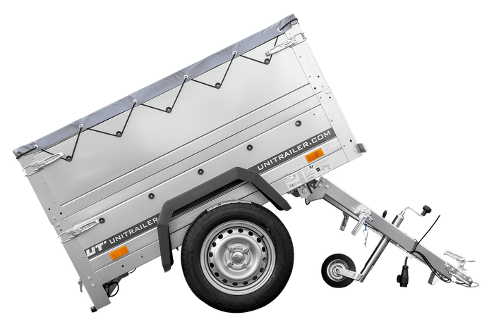 Rimorchio da giardino Unitrailer Garden Trailer 150 KIPP (nuovo) con ruotino sovrasponde e centina H0 con telo grigio