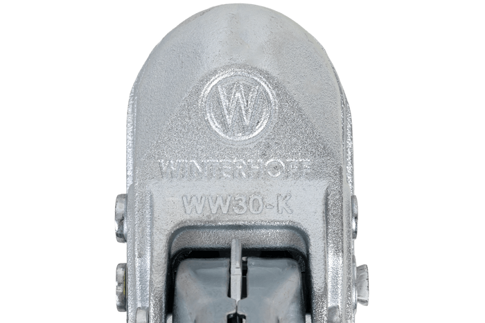 Gancio di traino WINTERHOFF WW 30-K+Z per rimorchio da 3000 kg con timone tubolare da 35-51 mm, in ghisa.