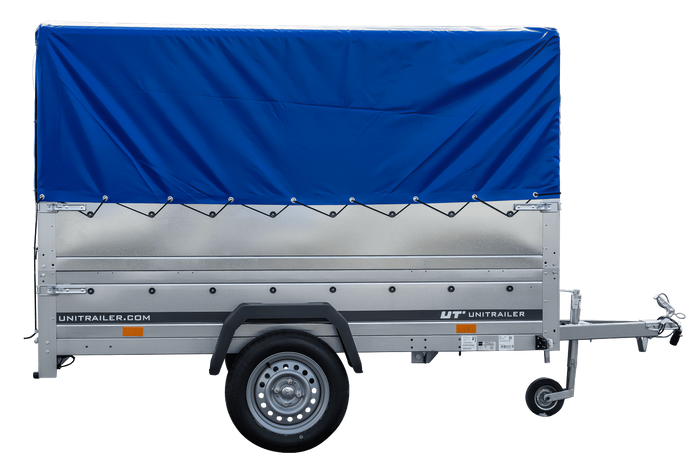 Rimorchio leggero 230x125 UNITRAILER GARDEN 230 KIPP con sponde BIS, telaio H-800 e telo di copertura blu