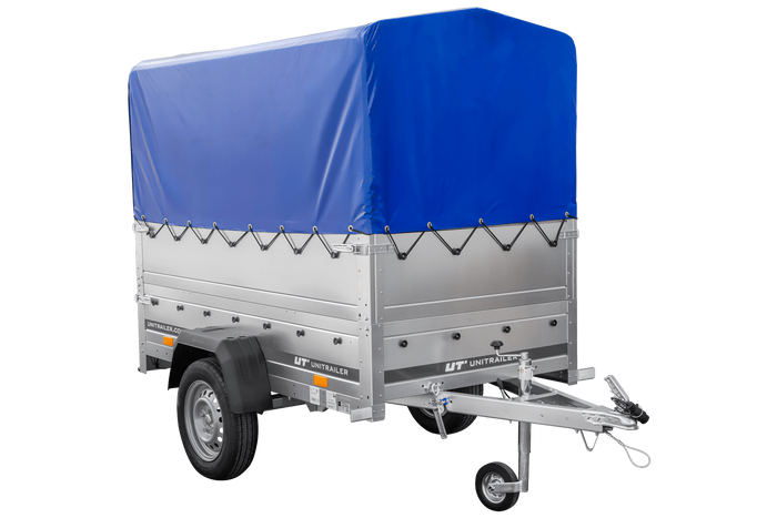 Rimorchio per auto 200x106 UNITRAILER GARDEN 200 KIPP con sponde BIS, telaio H-800 e telo di copertura blu
