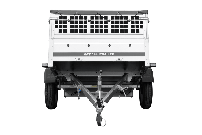 Rimorchio per auto 200x125 UNITRAILER GARDEN 201 KIPP con lati in rete, telaio H-0 e copertura grigia