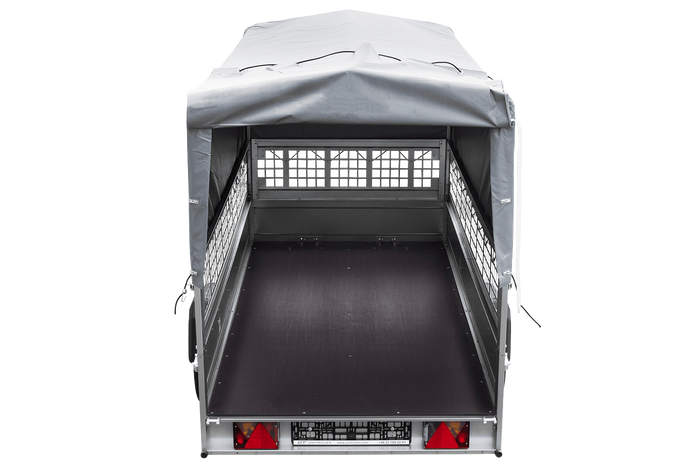 RIMORCHIO TRASPORTO COSE RIMORCHIO LEGGERO 750 KG UNITRAILER GARDEN TRAILER 264 KIPP CON SOVRASPONDE A RETE RUOTINO CENTINA E TELO GRIGIO