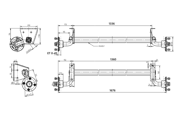 Assale senza freni KNOTT VG7-L per rimorchio 750 kg 1360 mm 1676 mm 4x130