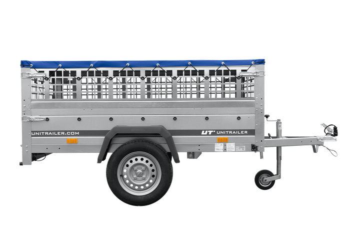 Rimorchio monoasse 200x125 UNITRAILER GARDEN 201 KIPP con sponde in rete, telaio H-0 e telone blu