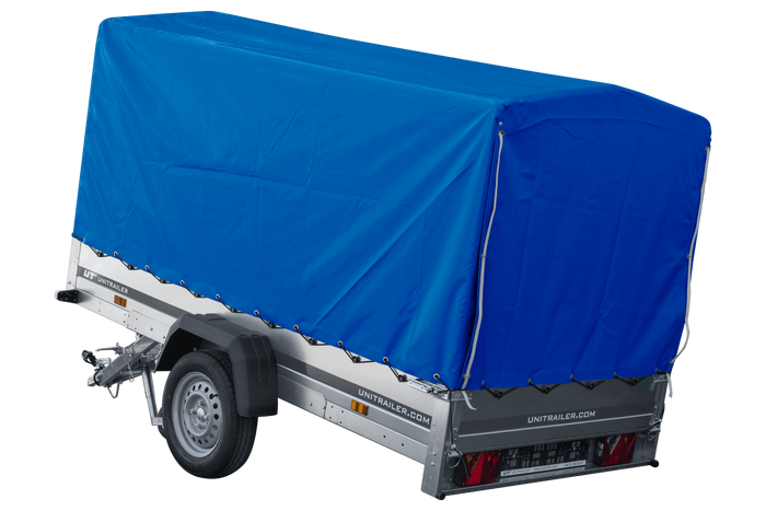 Rimorchio per auto 264x125 UNITRAILER GARDEN 264 KIPP con telaio H-1100 e copertura blu